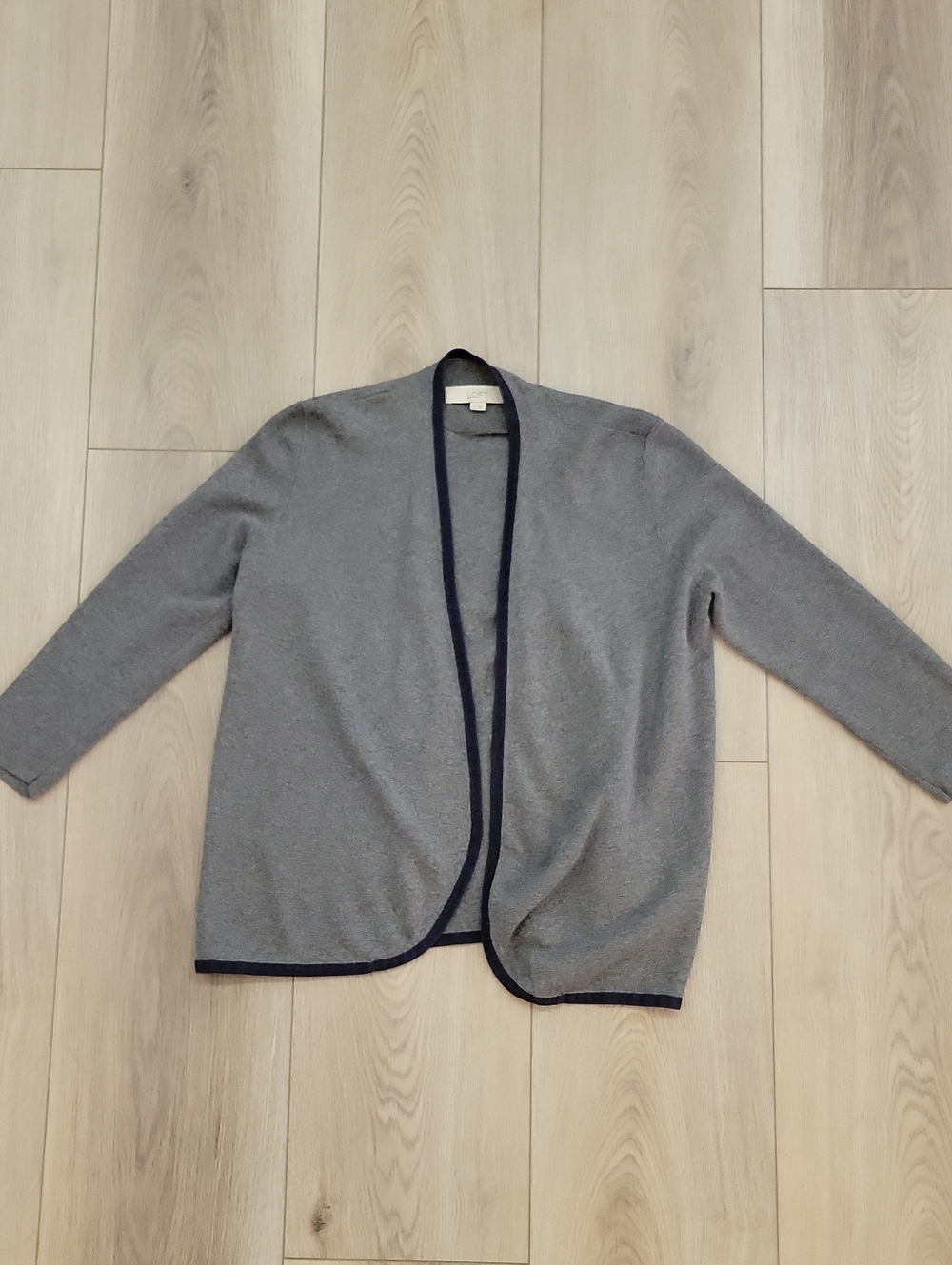 LOFT Gray Open-Front Cardigan with Navy Trim